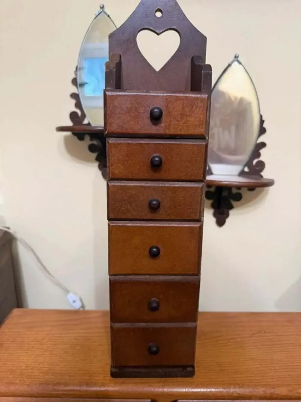 Vintage Vertical 6-Drawer Wooden Apothecary Cabinet with Heart Cutout